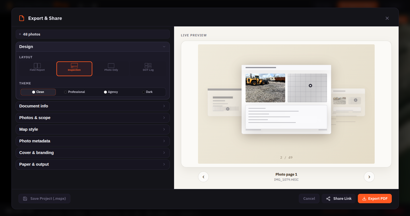 The Export and Share dialog showing layout and theme options alongside a live preview of the generated PDF report.
