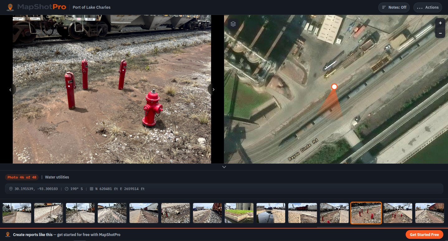 A field photo of fire hydrants and water utilities paired with an aerial map, with a strip of related site photos below.