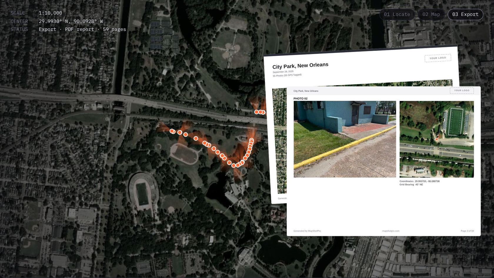 Aerial view of City Park, New Orleans with 55 field photos plotted as orange markers with camera-bearing cones, beside the PDF photo report generated from them