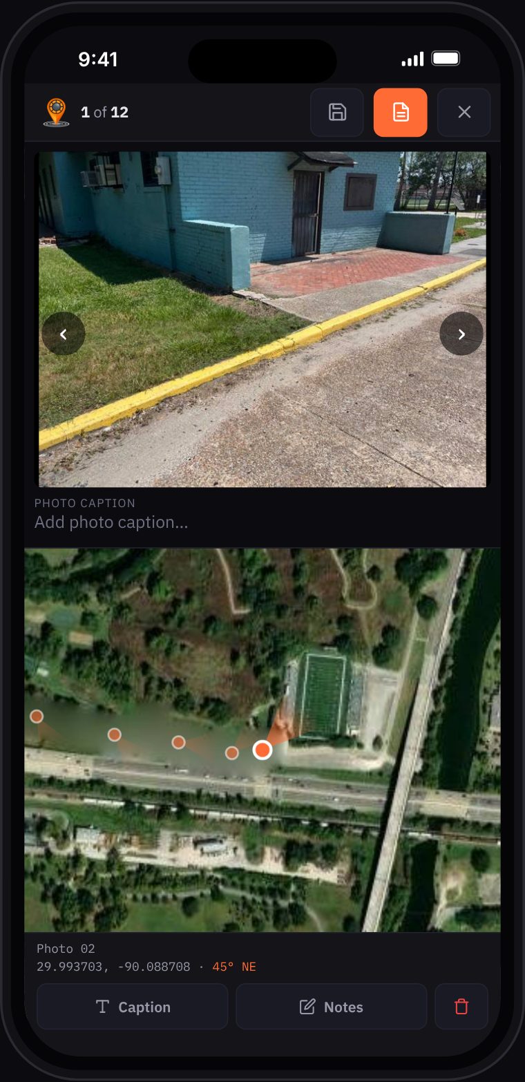 MapShotPro on an iPhone: Report Builder showing a site photo of a painted curb beside a park building above an aerial map with the photo's location and camera direction